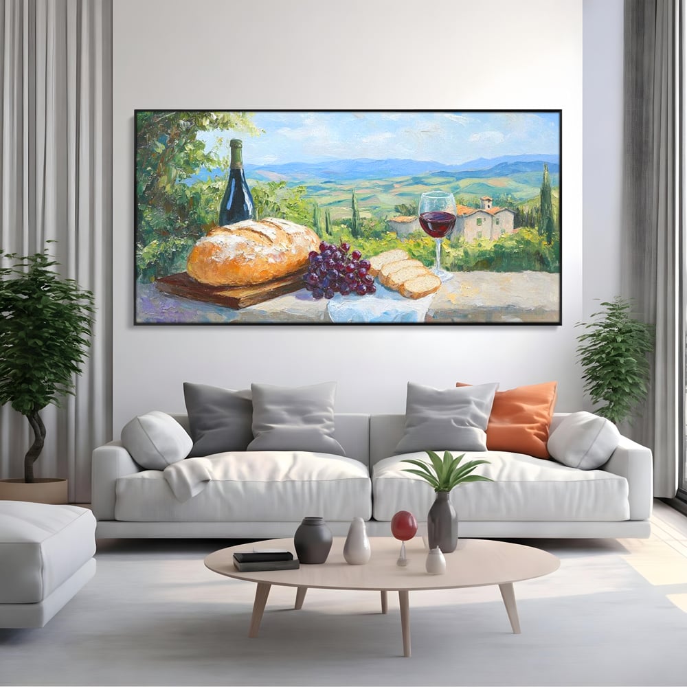 Tablou canvas cu tablou canvas cu natura moarta si peisaj toscan, in rama de aluminiu negru, pe perete intr-un living